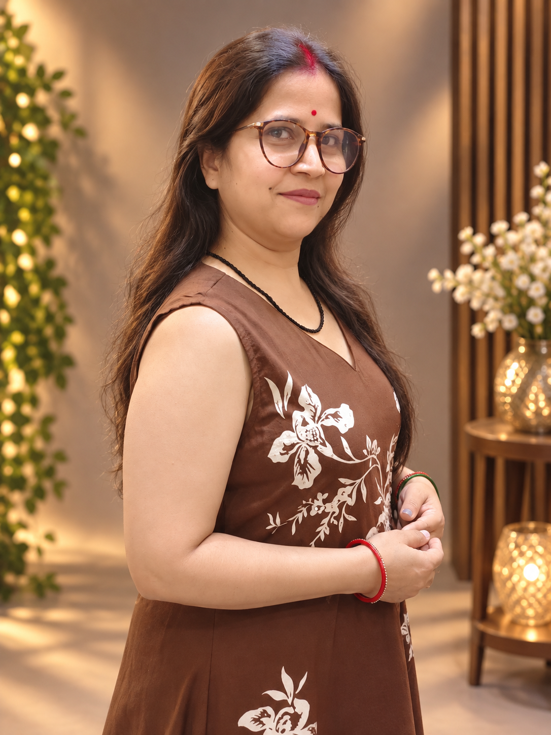 Chocolate Brown Floral Printed Cotton Suit Set with Dupatta