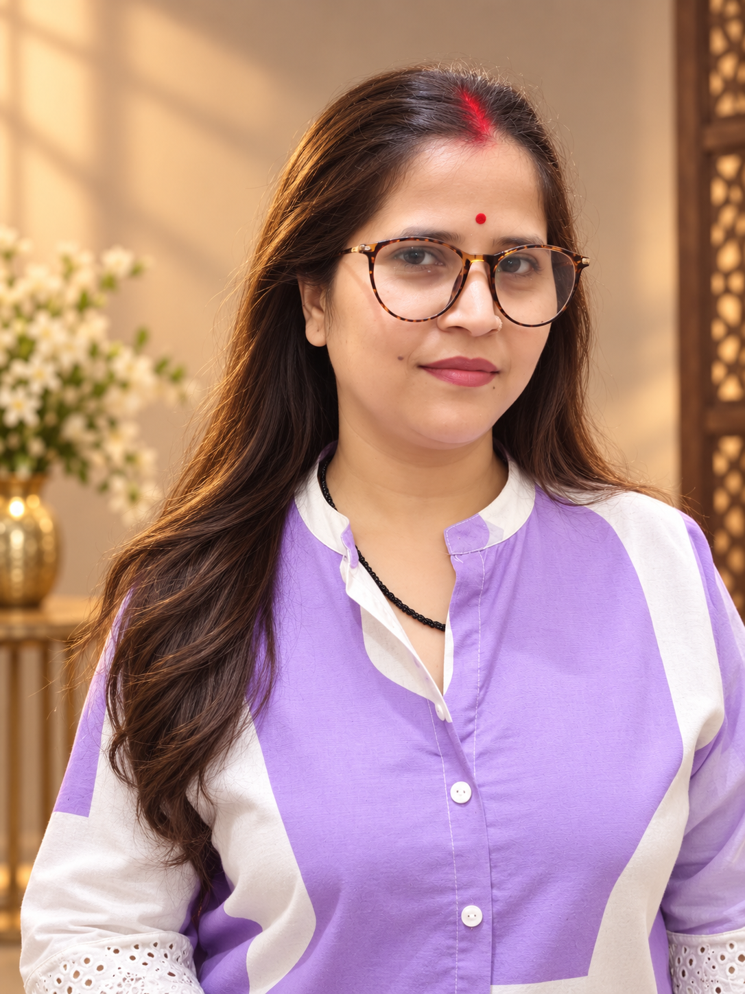 Lavender & White Printed Cotton Kurti with Eyelet Sleeves