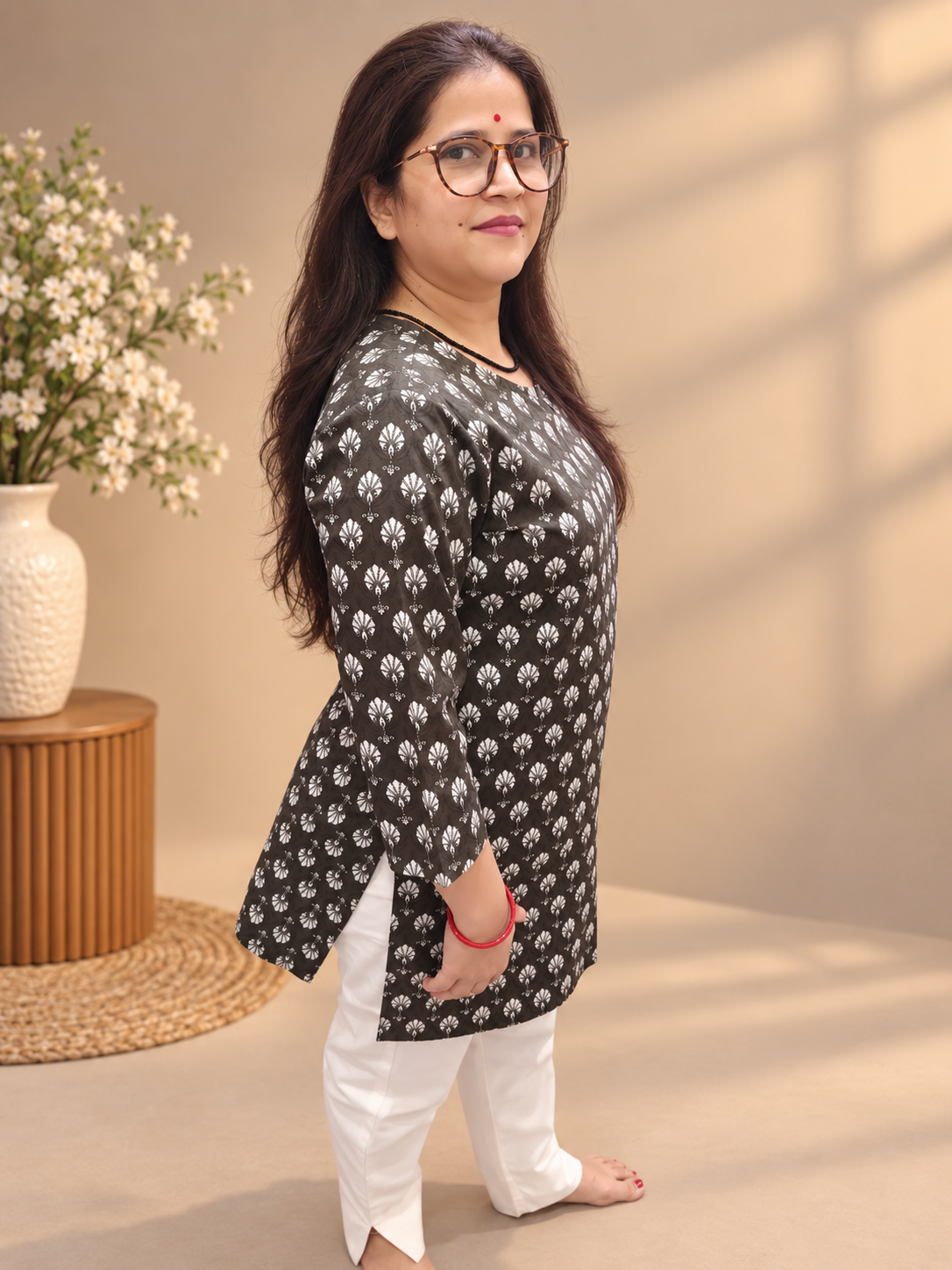 Very Dark Olive Green Printed Cotton Short Kurti