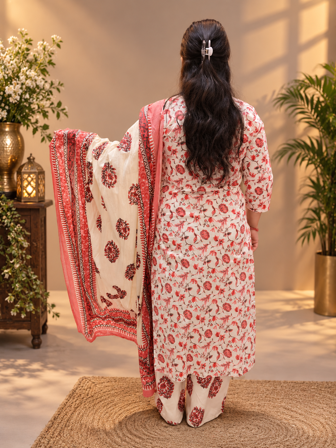 Ivory Floral Printed Cotton Suit Set with Dupatta