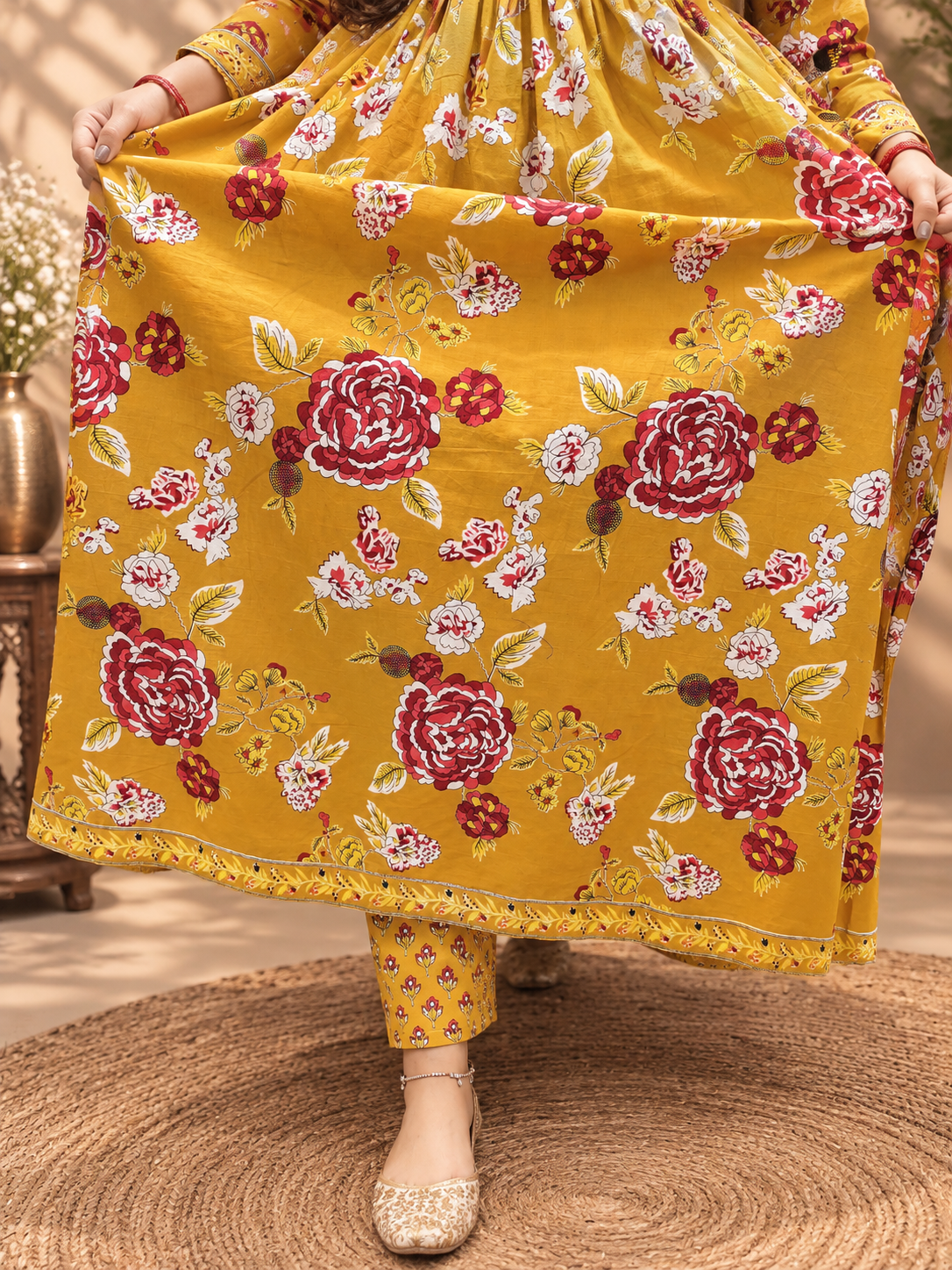Mustard Yellow Floral Cotton Anarkali Suit Set