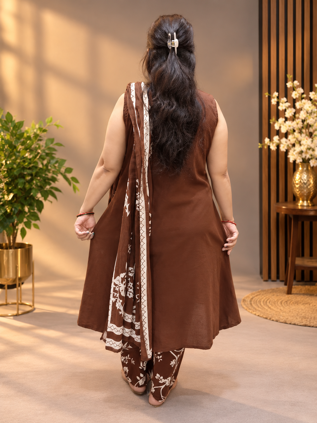 Chocolate Brown Floral Printed Cotton Suit Set with Dupatta