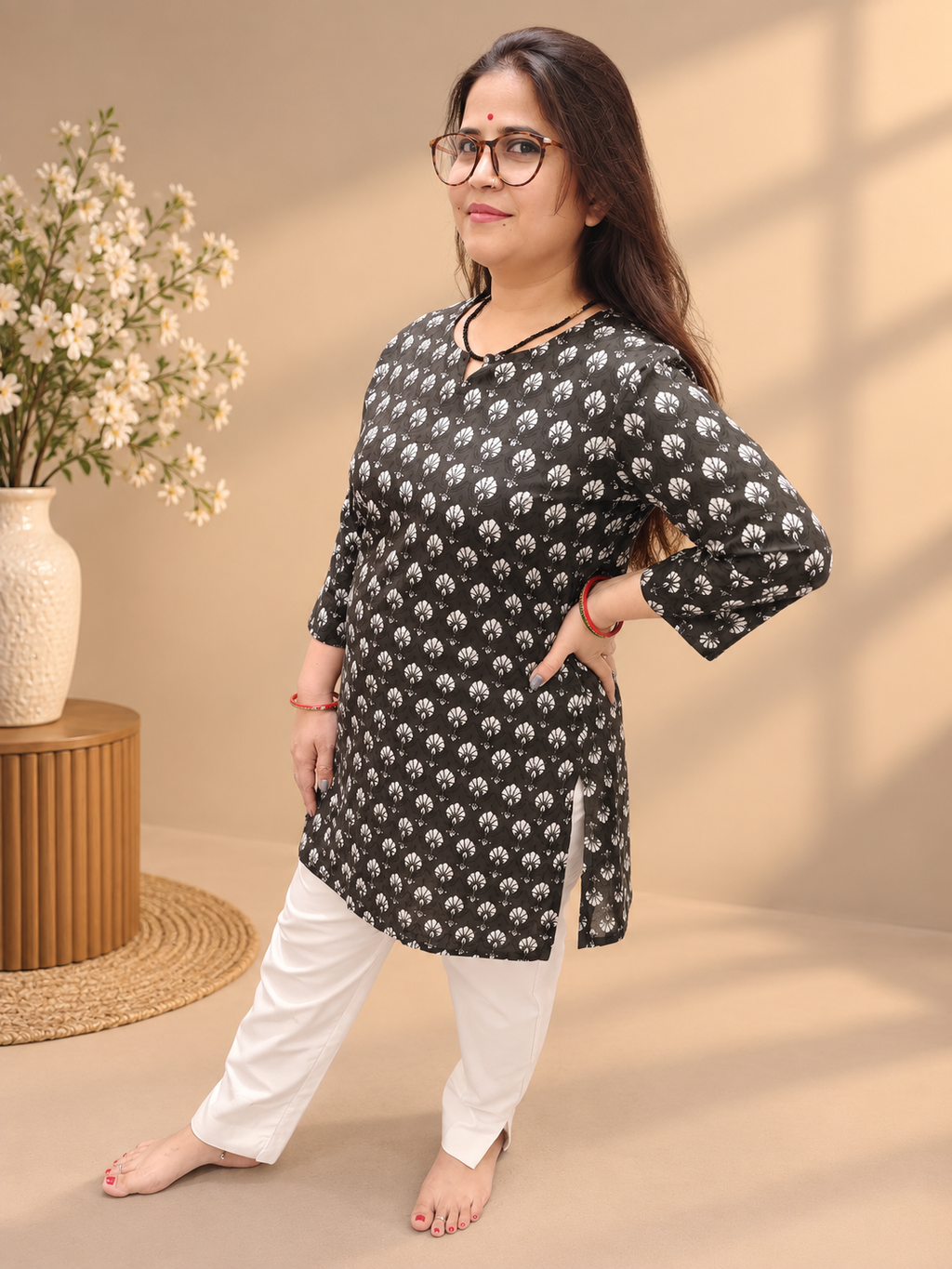 Very Dark Olive Green Printed Cotton Short Kurti