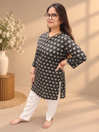 Very Dark Olive Green Printed Cotton Short Kurti