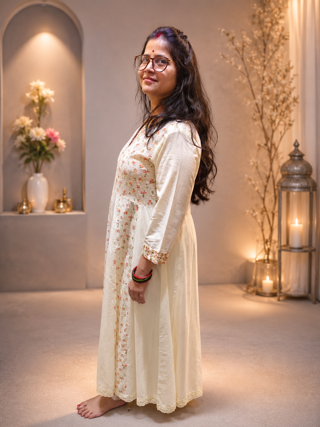 Ivory Cotton Co-ord Set with Sifli Print – Anarkali Silhouette