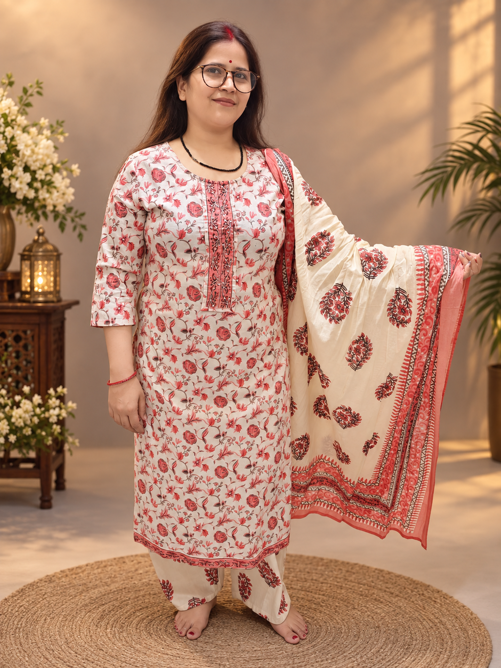Ivory Floral Printed Cotton Suit Set with Dupatta