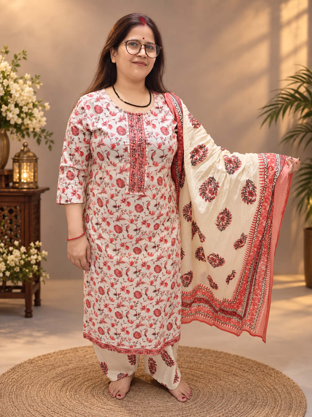 Ivory Floral Printed Cotton Suit Set with Dupatta
